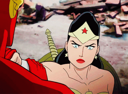 A Cartoon Of Wonder Woman Holding A Sword And Looking At The Flash GIF