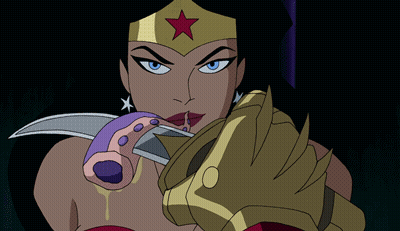 A Cartoon Of Wonder Woman Holding A Sword In Her Hand GIF