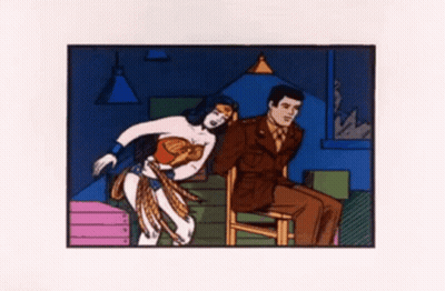 A Cartoon Of Wonder Woman Standing Next To A Man GIF