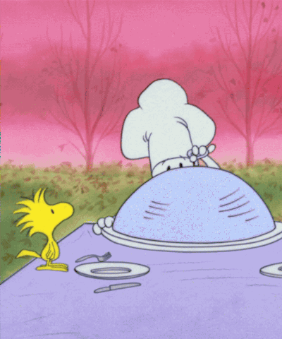 A Cartoon Of Woodstock And Snoopy Looking At A Turkey On A Plate GIF