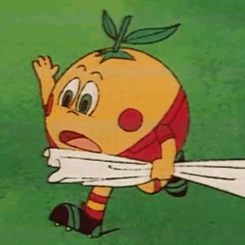 A Cartoon Orange Is Running With A Towel Around Its Mouth . GIF
