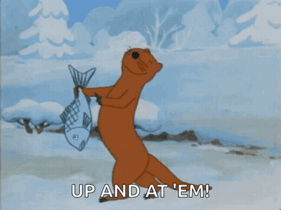 A Cartoon Otter Holding A Fish With The Words Up And At Em GIF