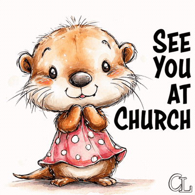 A Cartoon Otter Wearing A Pink Polka Dot Dress Says See You At Church GIF