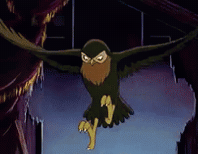 A Cartoon Owl Is Flying In The Air With Its Wings Spread GIF
