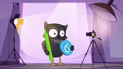 A Cartoon Owl Is Holding A Coin With A Water Drop On It In Front Of A Camera GIF