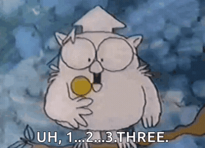 A Cartoon Owl Is Sitting On A Tree Branch Holding A Coin And Saying Uh , 1 ... 2 ... 3 . GIF