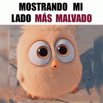 A Cartoon Owl With Big Eyes And The Words Mostrando Mi Lado Más Malvado GIF