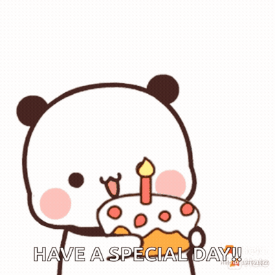 A Cartoon Panda Bear Is Blowing Out A Candle On A Birthday Cake And Saying Have A Special Day . GIF