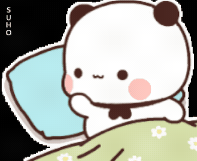 A Cartoon Panda Bear Is Laying In A Bed With A Blue Pillow GIF