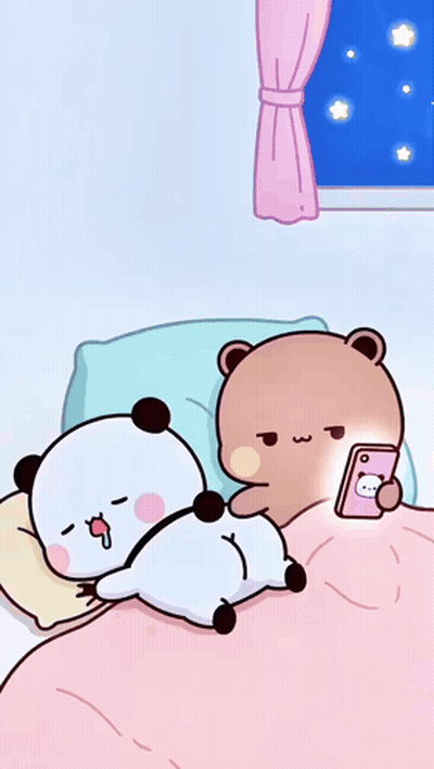 A Cartoon Panda Bear Is Laying On A Bed Next To A Brown Bear Who Is Holding A Cell Phone . GIF