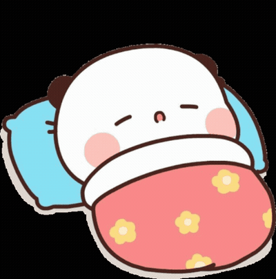 A Cartoon Panda Bear Is Sleeping On A Bed With A Pink Blanket And Blue Pillow . GIF