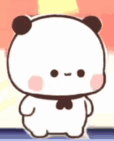 A Cartoon Panda Bear Is Standing In A Room With A Bow Tie Around Its Neck . GIF