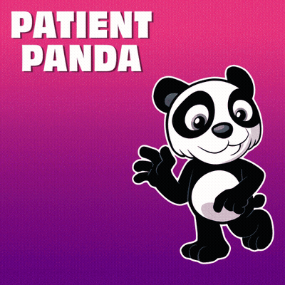 A Cartoon Panda Bear Is Standing In Front Of A Sign That Says Patient Panda GIF