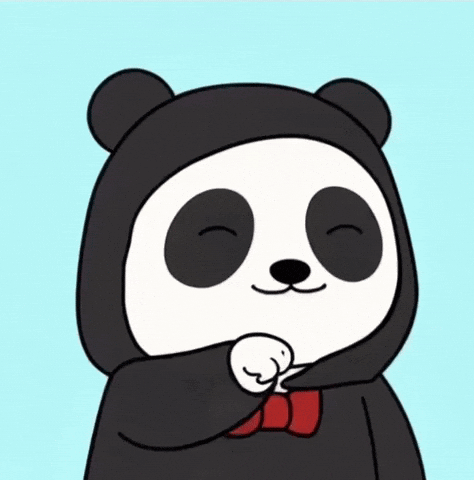 A Cartoon Panda Bear Wearing A Black Hooded Jacket And A Red Bow Tie GIF