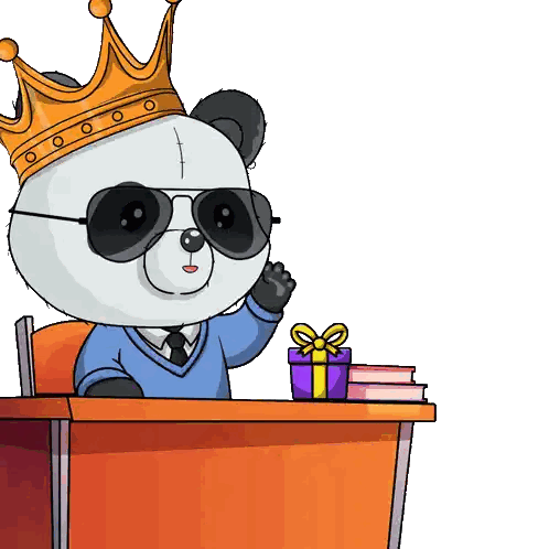 A Cartoon Panda Bear Wearing A Crown And Sunglasses Sits At A Desk Sticker