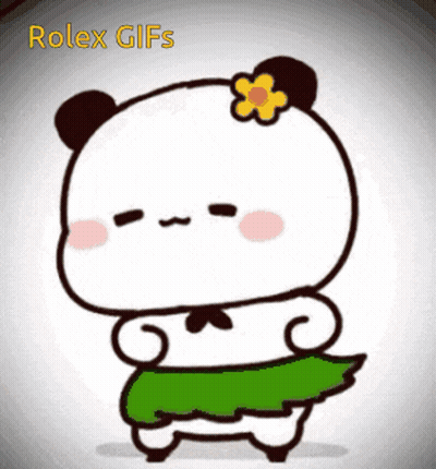 A Cartoon Panda Bear Wearing A Green Skirt And A Flower On Its Head GIF