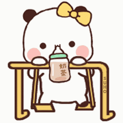 A Cartoon Panda Bear With A Bow On Its Head Is Sitting At A Table Holding A Bottle Of Milk . GIF