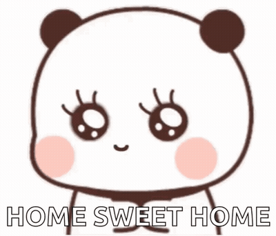 A Cartoon Panda Bear With Big Eyes And The Words `` Home Sweet Home '' . GIF