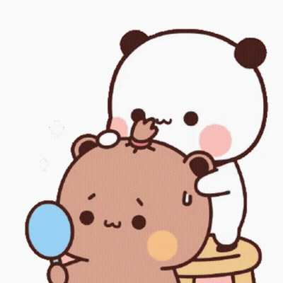 A Cartoon Panda Is Brushing Another Panda 'S Hair While Looking At Himself In A Mirror . GIF