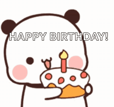 A Cartoon Panda Is Holding A Birthday Cake With A Candle In Its Mouth . GIF