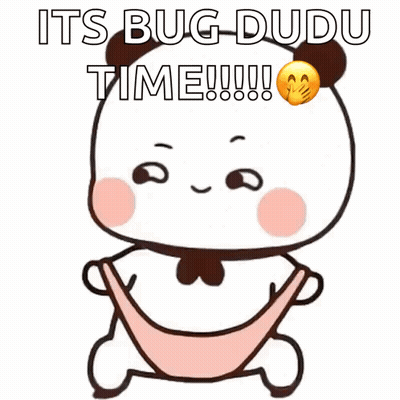 A Cartoon Panda Is Sitting In A Hammock With The Words `` It 'S Bug Dudu Time !!! '' Written On It . GIF