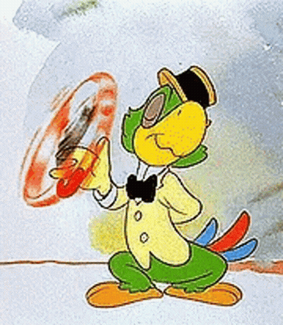 A Cartoon Parrot Wearing A Top Hat And Bow Tie Is Holding A Drum . GIF