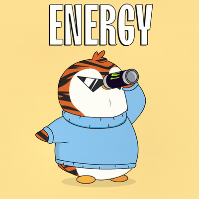 A Cartoon Penguin Drinking From A Bottle With The Word Energy Above It GIF