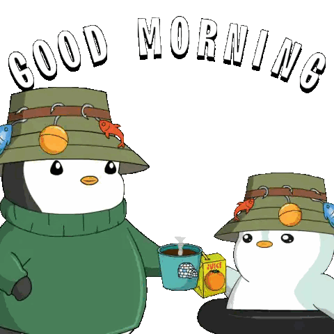 A Cartoon Penguin Holding A Cup Of Coffee And A Box Of Orange Juice Says Good Morning Sticker