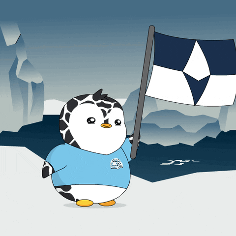 A Cartoon Penguin Holding A Flag With A Diamond On It GIF