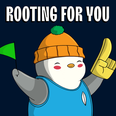 A Cartoon Penguin Holding A Green Flag With The Words Rooting For You Behind It GIF