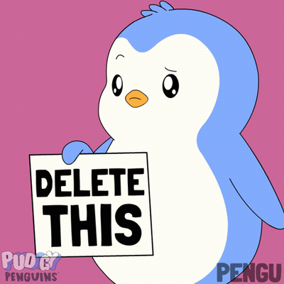 A Cartoon Penguin Holding A Sign That Says Delete This GIF