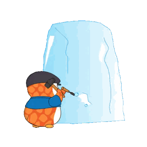 A Cartoon Penguin Is Carving A Face Out Of A Piece Of Ice Sticker