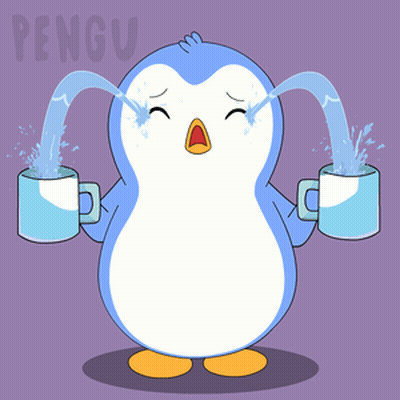 A Cartoon Penguin Is Crying And Pouring Water From Two Cups GIF