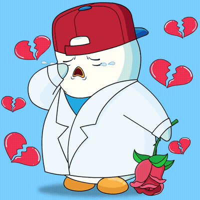 A Cartoon Penguin Is Crying While Holding A Rose In Front Of Broken Hearts GIF