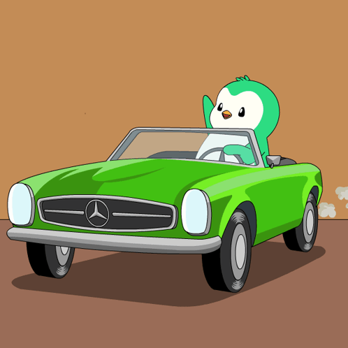 A Cartoon Penguin Is Driving A Green Mercedes Car GIF