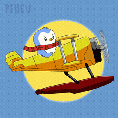A Cartoon Penguin Is Flying A Yellow Airplane GIF