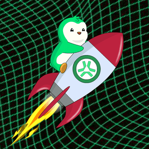 A Cartoon Penguin Is Flying On A Rocket With A Green Logo GIF