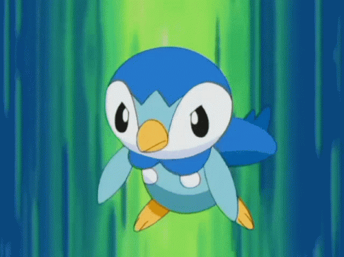 A Cartoon Penguin Is Flying Through A Green Background GIF