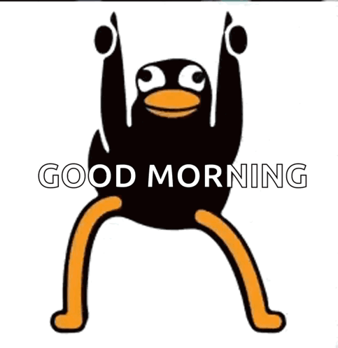 A Cartoon Penguin Is Hanging Upside Down With The Words Good Morning Written Below It GIF