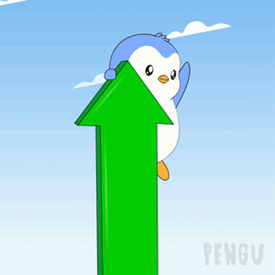 A Cartoon Penguin Is Holding A Green Arrow Pointing Upwards GIF