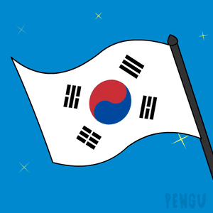 A Cartoon Penguin Is Holding A Korean Flag In Front Of A Blue Background GIF