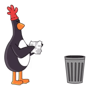 A Cartoon Penguin Is Holding A Piece Of Paper And Throwing It Into A Trash Can . GIF