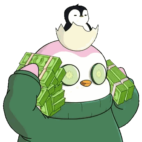 A Cartoon Penguin Is Holding A Stack Of Money Sticker