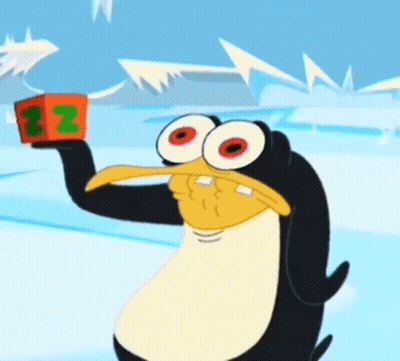 A Cartoon Penguin Is Holding Up A Red Cube With The Letter Z On It GIF
