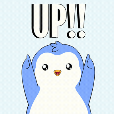 A Cartoon Penguin Is Holding Up Two Green Arrows With The Word Up Written Above It GIF