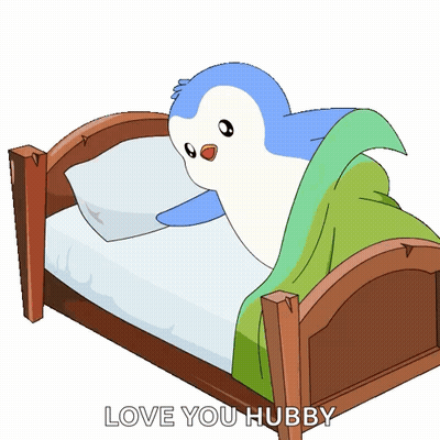 A Cartoon Penguin Is Laying In A Bed With The Words Love You Hubby Above It GIF