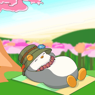 A Cartoon Penguin Is Laying On A Blanket Under A Tree GIF