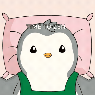 A Cartoon Penguin Is Laying On A Pink Pillow With The Words Time To Zen Written Above It GIF