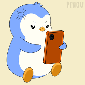 A Cartoon Penguin Is Looking At A Cell Phone With The Word Pengu Written On The Bottom GIF