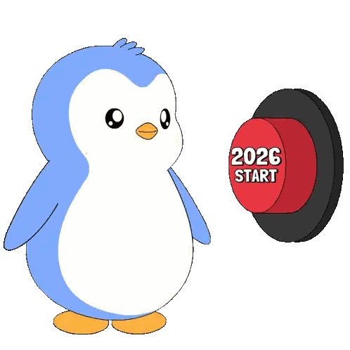 A Cartoon Penguin Is Pressing A Red Button That Says 2026 Start Sticker